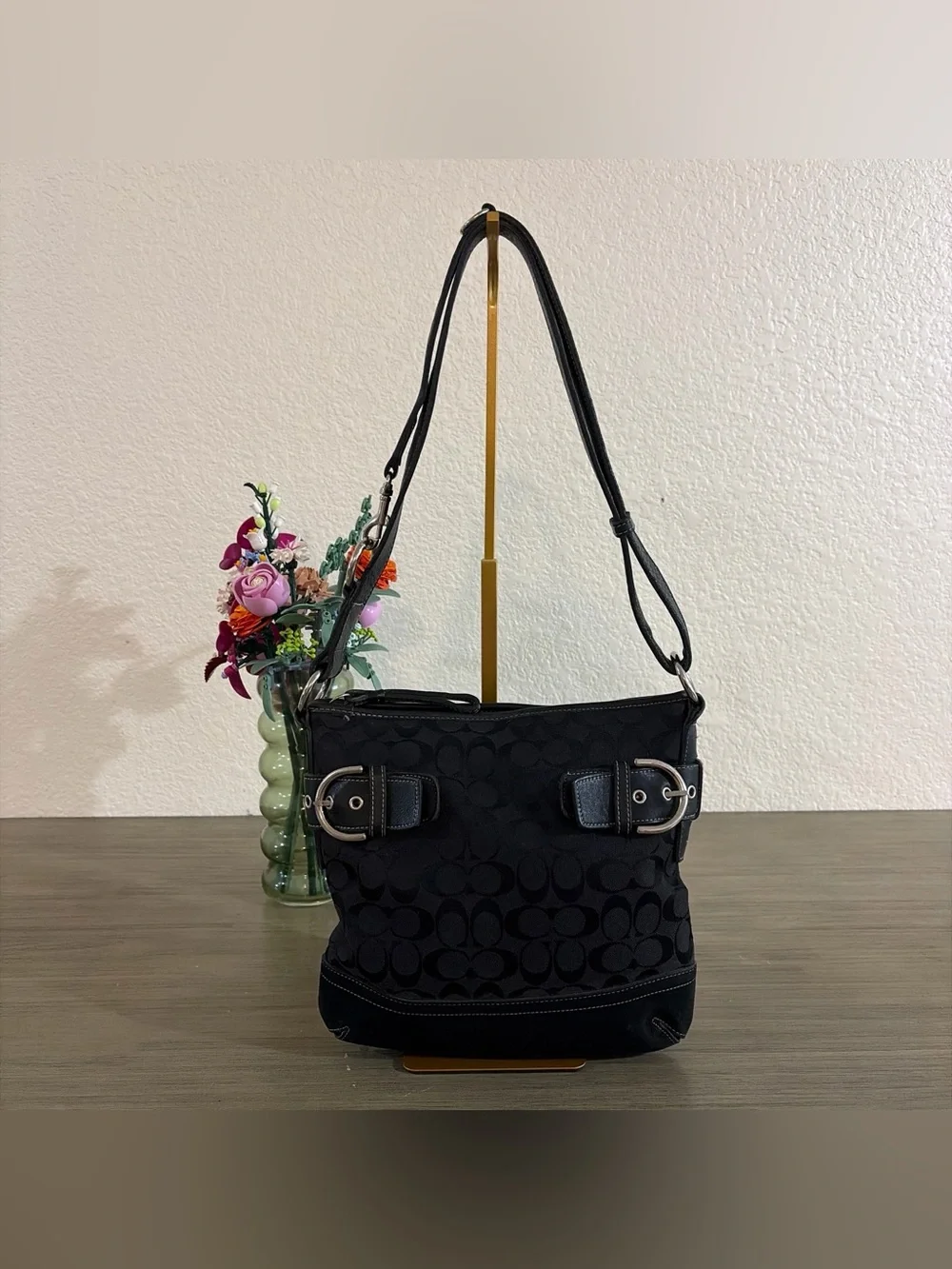 Coach 3574 Signature Shoulder Bag Black Canvas/Leather/Suede
